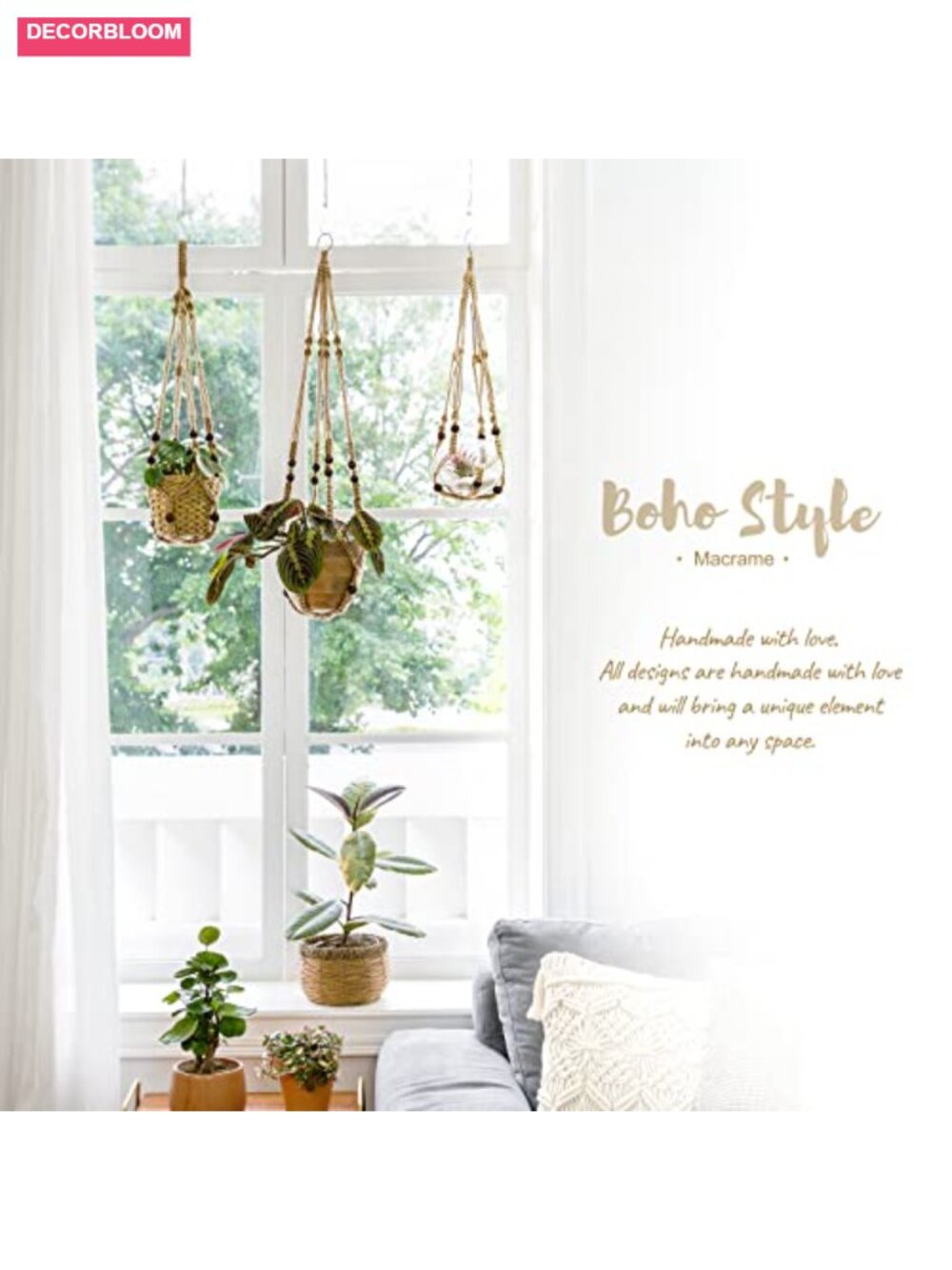 Macrame Plant Hanger Jute Hanging Planter with Wood Beads Boho Decor 35 Inch - Picture 4 of 6